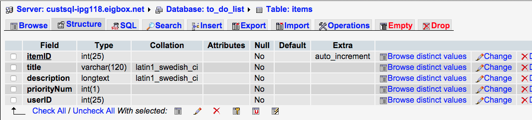database screen shot for to do list application